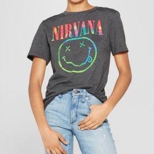 Nirvana Neon Rainbow Tie-Dye Graphic Smiley Face Short Sleeve Tee - XS, Gray